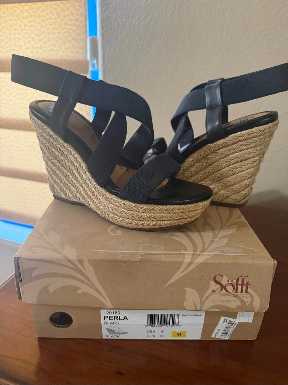 Sofft Black Perla Woven Espadrille Wedge Sandals